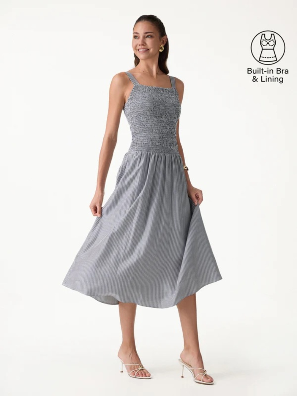 OGL Striped Poplin Square Neck Smocked Midi Bra Dress